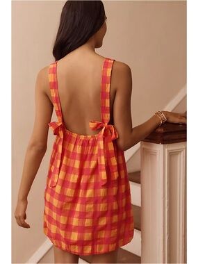 Anthropologie | 🍊 Gingham Apron Mini Nap Bow Tie-Back Sundress ~ NWT Large